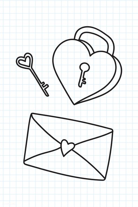 Key Doodle, Love Letter Drawing, Love Letter Drawing Ideas, Letter Drawing Ideas, Lock Drawing, Doodle Artwork, Hand Drawn Heart, Anniversary Scrapbook, Drawn Heart