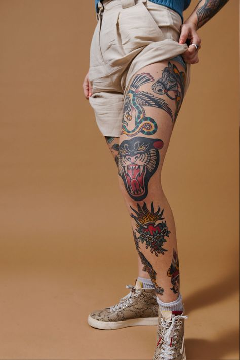 Books Leg Tattoo, Old School Hip Tattoo, Leg Sleeve Traditional Tattoo, Traditional Legs Tattoo, Old School Leg Sleeve, Traditional Tattoos Leg Sleeve, Leg Traditional Tattoo, Thigh Tattoo Traditional, Dragon Knee Tattoo