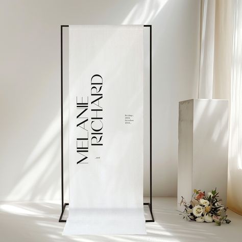 Greet your guests with a touch of charm and humour using our Linen Welcome Sign! Screen printed with the details of your special event, this sign is made from luxurious linen to add an elegant touch. A playful way to greet your guests and add personality to any event. These are a perfect way to transport signage overseas for destination events as they fold up nice and compact. Our fabric is premium 100% off white linen and comes standard with a subtle frayed look which gives extra characte... Linen Signage, Fabric Welcome Sign, Linen Welcome Sign, Event Welcome Sign, Expo Ideas, Being Perfect, Mirror Decal, Event Signage, Floor Decal