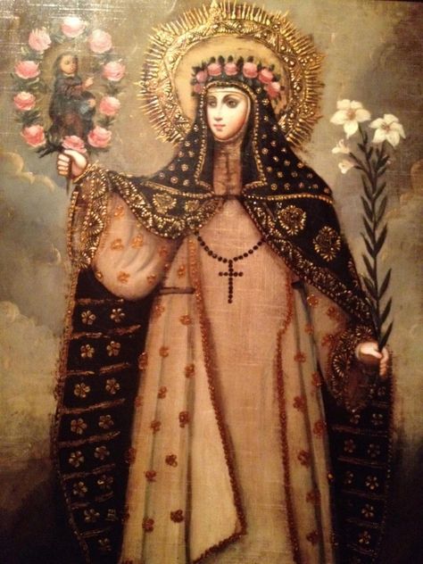 23 August – St Rose of Lima T.O.S.D. (1586-1617) Virgin and Penitent, Mystic, Visionary, Stigmatist (invisible), Apostle of the Poor – born on 20 April 1586 at Lima, Peru as Isabel Flores de Oliva and died on 24 August 1617 at Lima, Peru of natural causes.   Patronages – against vanity, embroiderers, florists, gardeners, needle workers, people ridiculed for their piety, Peru, Lima, Peru, Americas, Central America, Latin America, New World, South Saint Rose Of Lima, Rose Of Lima, St Rose Of Lima, Colonial Art, 23 August, Lima Peru, Photo Wall Collage, Catholic Art, Profile Pic