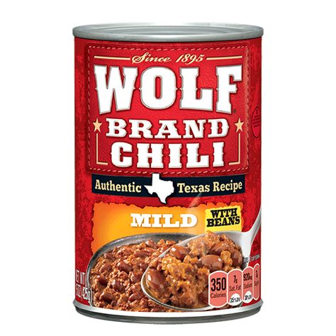 Mild Chili - With Beans | Wolf Brand Chili Wolf Brand Chili, Chili Cheese Dog Casserole, Chili Without Beans, Chili With Beans, Chili Mac And Cheese, Chili Cheese Dogs, Chili Mac, Cheese Dog, Texas Food