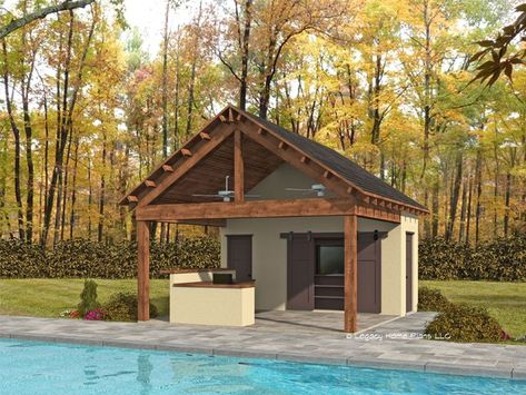 062P-0027: Pool House Plan with Bar/Grill Small Pool House Plans, Small Pool House Ideas, Pool Shed Ideas, Simple Pool House, Tiny Pool House, Pool House With Bathroom, Pool Hut, Small Pool House, Pool Sheds