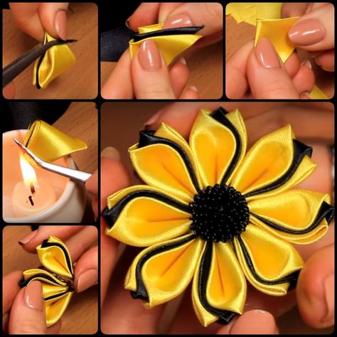 How to Make a Simple Fabric Kanzashi Flower Sulaman Pita, Ribbon Flowers Diy, Kanzashi Tutorial, Ribbon Flower Tutorial, Simple Fabric, Diy Flores, Fabric Origami, Fleurs Diy, Satin Ribbon Flowers