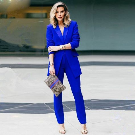 New Royal blue 2 piece set women business suits slim fit ladies office uniform elegant pant suits female trouser suits Graduation Suit, Judas Iscariot, Elegant Pants Suits, Suits Business, Suits Formal, Professional Blouses, Office Suits, Suit Stores, Blue Suits