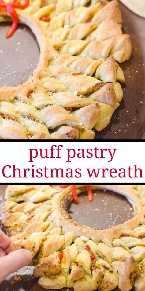 This puff pastry pesto wreath is the perfect easy appetizer for your Christmas party. This delicious puff pastry Christmas wreath looks fancy, but it's quick and takes only 10 minutes to put together. Puff Pastry Wreath, Puff Pastry Appetizers Easy, Puff Pastry Ideas, Pastry Wreath, Puff Pastry Christmas, Pastry Christmas, Winter Appetizers, Savory Puff Pastry, Pastry Ideas