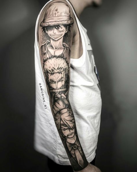 Marvel Tattoo Ideas, Whole Tattoo, Collage Tattoo, Cartoon Tattoo Ideas, One Piece Tattoo, Full Hand Tattoo, Left Arm Tattoos, Luffy Zoro Sanji, Character Tattoos