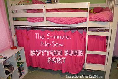 No-sew bottom bunk fort (or, a good way to hide the catastrophe under Tyler's lofted bed) - did this today.  Used a $7 tension rod from Wal-Mart and an old bedsheet.  Threaded the top of the sheet through the tension rod, and instant fort! Curtains Under Loft Bed, Bottom Bunk Fort, Bunk Bed Fort, Under Loft Bed, Bunk Bed Curtains, Loft Bed Curtains, Bed Fort, Diy Bunk Bed, Bottom Bunk