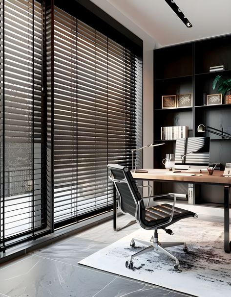 Black venetian blinds for a sophisticated home office. Black Venetian Blinds, Roll Blinds, Commercial Blinds, Masculine Home Office, Office Curtains, Office Blinds, White Blinds, Modern Blinds, Power Moves