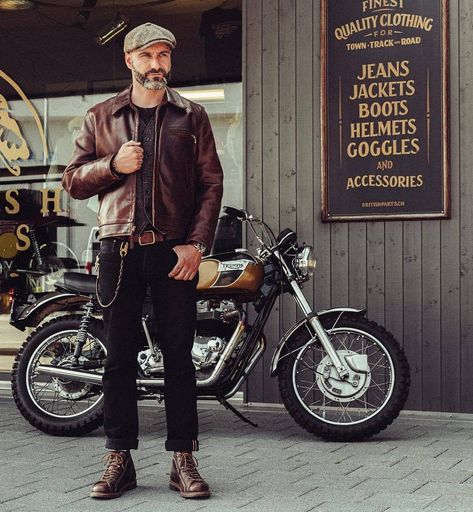 Brown Leather Jacket Outfit Men, Aero Leather Jacket, Cafe Racer Clothing, Brown Leather Jacket Outfit, Leather Jacket Outfit Men, Old Man Fashion, Cafe Racer Jacket, Fall Runway, Rugged Leather