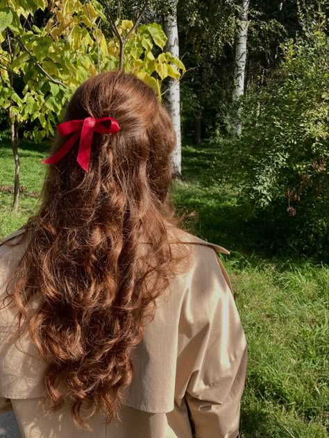 Ribbon Hairstyle Prom, Red Ribbon Hair Aesthetic, Red Hair Accessories Aesthetic, Autumn Hair Aesthetic, Hairstyles With Red Ribbon, Ribbon Half Up Half Down, Half Up Half Down Ginger Hair, Ribbon In Curly Hair, Red Ribbon Outfit