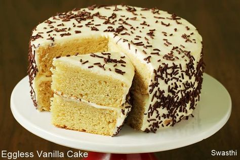 Eggless vanilla cake recipe - Learn to make cake at home with video. This simple cake recipe yields moist,soft & delicious eggless vanilla cake. Eggless Vanilla Cake Recipe, Cake Recipes Without Eggs, Egg Free Cakes, Eggless Cakes, Eggless Cake Recipe, Eggless Desserts, White Cake Recipe, Eggless Recipes, Egg Cake