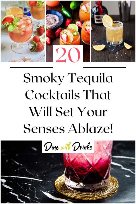 Collage of 4 smoky tequila cocktails. Smokey Tequila Cocktail, Smoked Tequila Cocktail, Tequila And Pineapple Drinks, Smoked Cocktail Recipes, Tequilla Cocktails, Tequila Cocktail Recipes, Smoked Cocktails, Bartenders Guide, Smoked Jalapeno