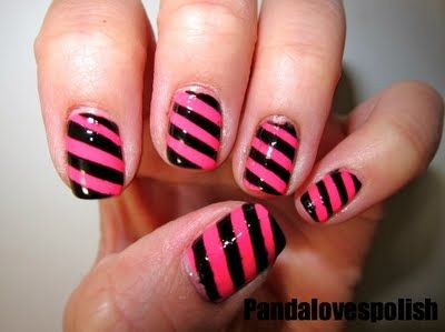 Pink and black! Toenail Polish Designs, Easy Nail Polish Designs, Nail Art Simple, Kids Nail Polish, Pink Nail Art Designs, Cute Nail Polish, Beautiful Nail Polish, Pretty Nail Polish, Fingernail Designs