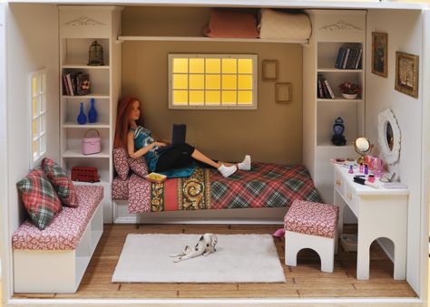 Dollhouse Furniture Tutorials, Barbie Bedroom, Barbie House Furniture, Room Box Miniatures, Diy Barbie House, Modern Dollhouse Furniture, Barbie Room, Barbie Diorama, Doll Furniture Diy