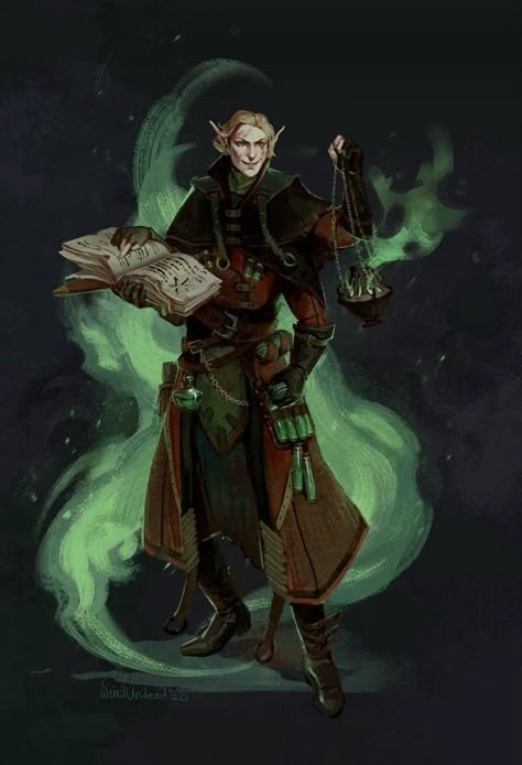 Mad Wizard Dnd, Elf Alchemist, Dnd Artificer Character Design, Mad Alchemist, Mad Wizard, Dnd Races, Dnd Dragons, Fantasy Races, Dnd Art