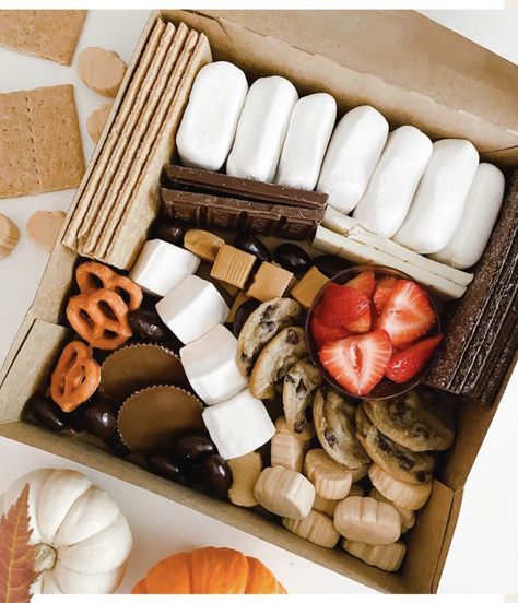 Smores Box Ideas, S’mores Box Idea, Tackle Box For Smores, S’mores Box, Tackle Box S’mores, S’mores Charcuterie Board With Fire, S'mores Box, Party Food Trays, Dessert Table Graduation