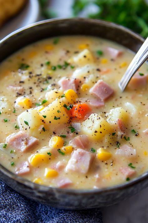 Ham and Corn Chowder is the ideal soup—it's simple to prepare, wonderfully rich and creamy, and a universal favorite! My family consistently opts for a juicy Honey Baked Ham for our holiday meals, although I have a soft spot for a classic roast turkey with stuffing. However, majority rules! I always prepare an extra-large ham Ham And Potato Corn Chowder, Ham And Corn Chowder, Corn Chowder Crockpot, Turkey With Stuffing, Potato And Corn Chowder, Crockpot Ham And Potatoes, Ham Chowder, Corn Chowder Soup, Ham Soup Recipes