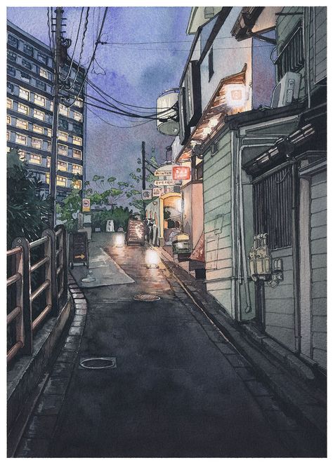 Total Darkness, Watercolor City, Tokyo Night, Anime City, Watercolor Architecture, Street Painting, Japan Street, City Drawing, City Painting