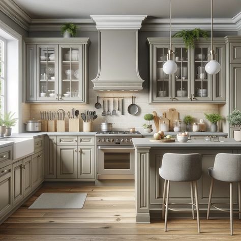 taupe kitchen cabinets Kitchens With Greige Cabinets, Taupe And White Kitchen, Hood Alcove, Dark Taupe Kitchen Cabinets, Light Taupe Kitchen Cabinets, Kitchen Cabinet Makeovers, Taupe Cabinets, Warm Grey Kitchen, Greige Cabinets