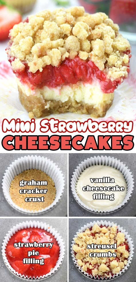 Mini Strawberry Cheesecakes are made with a graham cracker crust, topped with creamy and smooth cheesecake filling, homemade strawberry pie filling, and streusel crumb topping. This easy dessert recipe is perfect for strawberry season! These are easy to make and they disappear fast.  #MiniCheesecakes #StrawberryDesserts #CheesecakeRecipe #BiteSizedDessert #StrawberryCheesecake #EasyDessertRecipe #HomemadeCheesecake #IndividualDessert #SummerDessert via @https://www.pinterest.com/omgchocodessets/ Dessert Ideas With Strawberries, Sweet Treats Easy To Make For Party, Cupcakes Cheesecake, Mini Cake Desserts, Easy On The Go Desserts, Individual Strawberry Cheesecake, Mini Strawberry Cheesecake No Bake, Mini Dessert Pies, Easy Quick Cheesecake Recipes