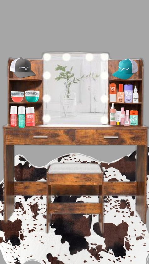 #western#roominspo #skincare #vanity Cowgirl Vanity, Western Vanity, Skincare Vanity, Vanity Inspo, Room Ideas, Hallway, Vanity, Dressing Table