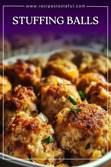 These delicious stuffing balls are a perfect side dish for any holiday meal or gathering. Made with savory ingredients and baked to a golden brown, they're easy to prepare and sure to be a hit with family and friends. Easy Stuffing Balls, Stuffing Ball Recipe, Stuffing Balls Recipe Easy, Stove Top Stuffing Balls, Leftover Stuffing Balls, Stuffing Meatballs, Homemade Stuffing Recipes, Stuffing Balls Recipe, Christmas Menu Ideas