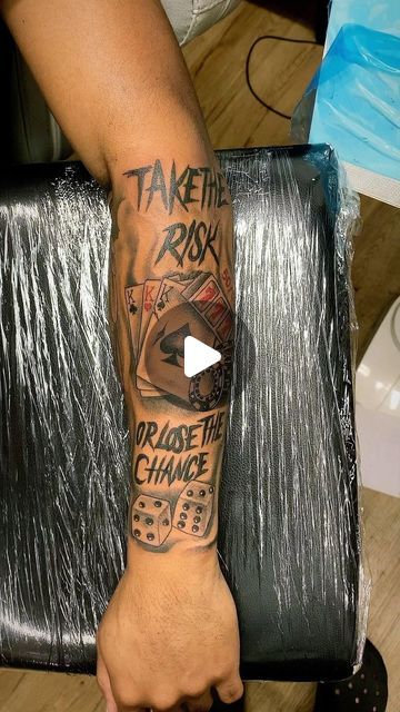 8balltattoos on Instagram: "my respect to all my clients 🙏 thanks .. #risktaker #tattooinspiration #goodvibes #inkaddict #bronxtattooartist #amazing" Take The Risk Or Lose The Chance Tat, Risk Tattoos, Take The Risk Tattoo, Outer Arm Tattoo Men, Trendy Tattoos For Men, Risk Tattoo, Risk Taker Tattoo, Take A Risk, Risk Taker