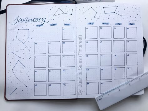 Bujo Constellation Theme, Bujo Stars Theme, January Bullet Journal Calendar, Calendar Bujo, January Spread, January Bujo, April Bujo, Bullet Journal Calendrier, Monthly Tracker