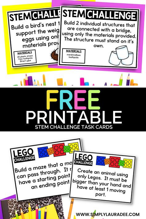 Kids will LOVE this pack of STEM Building Challenge Task Cards! Mystery Bag Stem Challenge, Stem Task Cards Free Kindergarten, Stem Task Cards, Makerspace Elementary, Task Cards Free, Stem Building, Kindergarten Stem, Building Challenge, Create An Animal