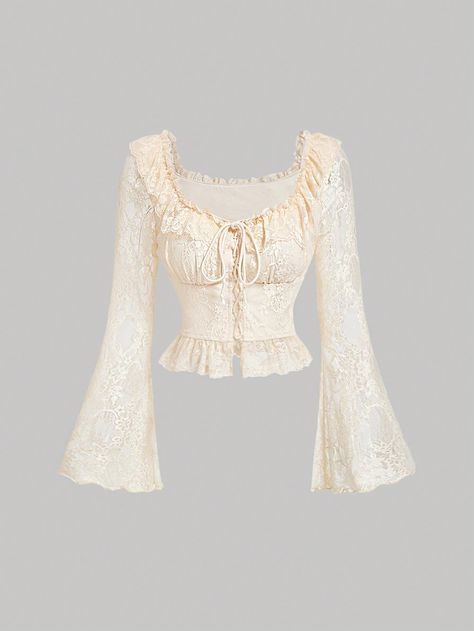 SHEIN MOD Women's Fitted Cream Lace Bell Sleeved T-Shirt,Ruffled Square Neckline,Homecoming T-Shirt ,Cruise Women Outfits,Country Tops,Fall/Winter T-Shirt,Birthday T-Shirt,Women Vintage Clothes,Teacher Shirts,Lace Graphic T Shirt,Lace TopI discovered amazing products on SHEIN.com, come check them out! Cream Long Sleeve Top Outfit, Cream Color Clothes, Bell Sleeve Outfit, Country Tops, Thrift Inspiration, Deer Halloween, Flare Sleeve Top, Fairy Shirt, Clothing Board