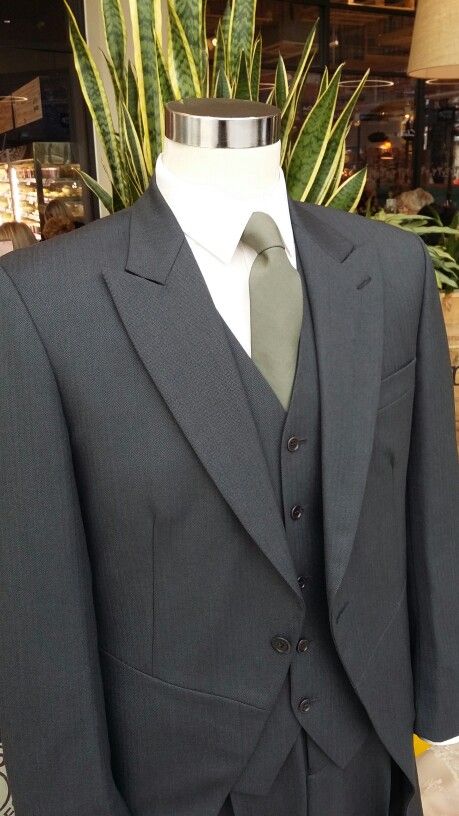 Charcoal grey 3 piece Tailcoat suit with a olive green tie. Tuxedo With Sage Green Tie, Grey Suit Olive Green Tie, Charcoal Suit With Green Tie, Tux With Sage Green Tie, Olive Green Tie Outfit Men, Charcoal Grey And Sage Green Wedding, Suit With Olive Green Tie, Black Tux With Olive Green Tie, Dark Grey Suit Green Tie Wedding