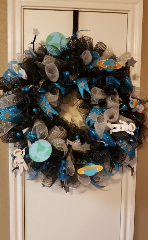 Space Themed Wreath, Galaxy Wreath, Space Wreath, Galaxy Classroom, Cosmic Christmas, School Wreaths, Baby Wreath, Hospital Door, Classroom Christmas