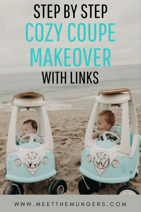 10 steps to makeover your cozy coupe including tips, tricks, and all supplies linked. Surf Cozy Coupe, Surfer Cozy Coupe, Diy Volkswagen Cozy Coupe, Vw Bus Cozy Coupe, Cozy Coupe Volkswagen, Tiny Tikes Car Makeover, The Big One Surf Birthday Photoshoot, Volkswagen Cozy Coupe, Vw Cozy Coupe