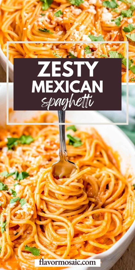 This zesty Mexican spaghetti is a delicious pasta coated in a chipotle sauce. Spaghetti noodles are cooked in water flavored with onion, garlic, bay leaves, and chicken bouillon.The spaghetti is then covered in a creamy, spicy spaghetti sauce made with tomatoes and chipotle peppers in adobo sauce. Click through for all the details. Sauce For Spaghetti Noodles, Mexican Spagetti Recipe, Mexican Red Spaghetti, Creamy Mexican Spaghetti, Mexican Speggetti Recipes, Whole Wheat Spaghetti Recipe, Spanish Spaghetti Recipes, Chipotle Spaghetti Recipes, Mexican Noodles Pasta