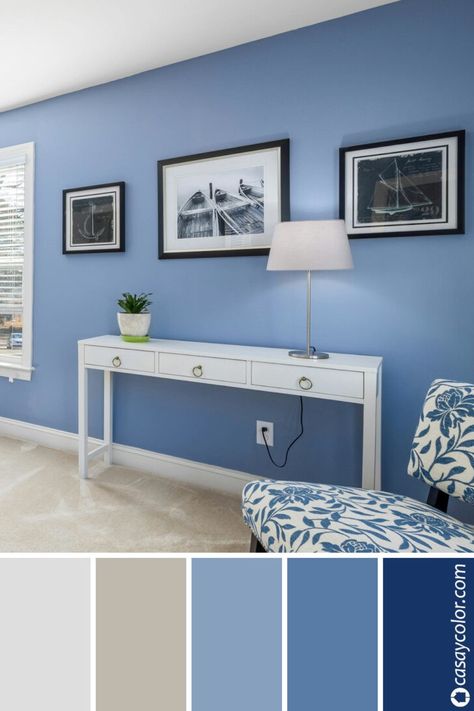 Tonalidades Azules Pastel para paredes interiores - Casa y Color Blue Paint For Living Room Walls, Blue Wall Design Ideas, Hall Painting Wall Colors, Ideas Para Pintar Cuartos, Ideas Para Pintar Paredes, Pale Blue Bedrooms, Hall Painting, Pastel Interior, Pastel Room