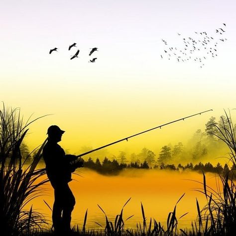 Fly Fishing Art Drawing, Fishing Silhouette Painting, Fly Fishing Painting, Acrylic Fishing Painting, Over Fishing Illustration, Man Fishing Painting, River Drawing, Beautiful Moon Pictures, Fish Silhouette