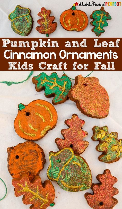 Kids can make pretty pumpkin and leaf cinnamon ornaments that fill your home or classroom with the warm fragrant smells of autumn. (Kids craft, Fall) Craft Dough Recipe, Crafts Winter, Cinnamon Ornaments, Homemade Instruments, Fall Arts And Crafts, Footprint Crafts, Pretty Pumpkins, Craft Kids, Autumn Activities For Kids