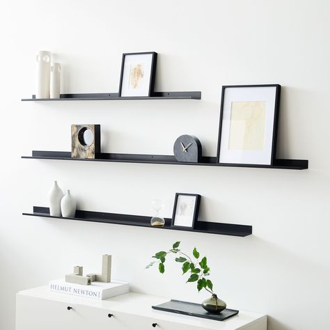 Floating Lines Metal Ledges | West Elm Floating Shelf Wall Art, Long Black Floating Shelves, Black Metal Floating Shelves, Shelves Above Credenza, Black Wood Floating Shelves, Floating Shelves Office Decor, Game Shelves, Youtube Room, Minimal Home Office