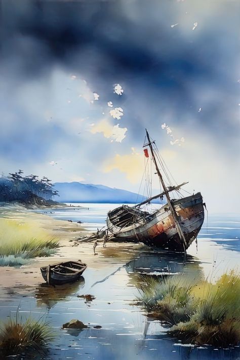 The Clouds Gather, Boat Painting Acrylic, Wrecked Ship, Watercolor Art Landscape, Watercolor Paintings Nature, Pastel Landscape, Ship Paintings, Boat Art, Boat Painting