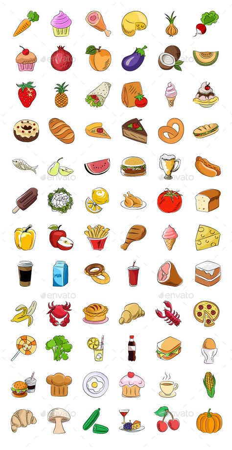 Cute Food Doodles, Food Drawing Ideas, Healthy Food Activities For Preschool, Healthy Food Activities, Food Clip Art, Food Doodle, Colored Icons, Doodle Icons, Printable Food