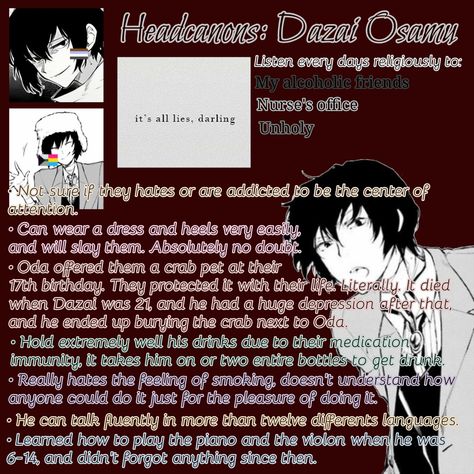 Headcanons Dazai Osamu Songs Entp Skk Headcanons, Dazai Headcanon, Soukoku Headcanon, Bsd Headcannons, Bsd Headcanons, Nurse Office, Send Help, Dazai Osamu, Stray Dogs