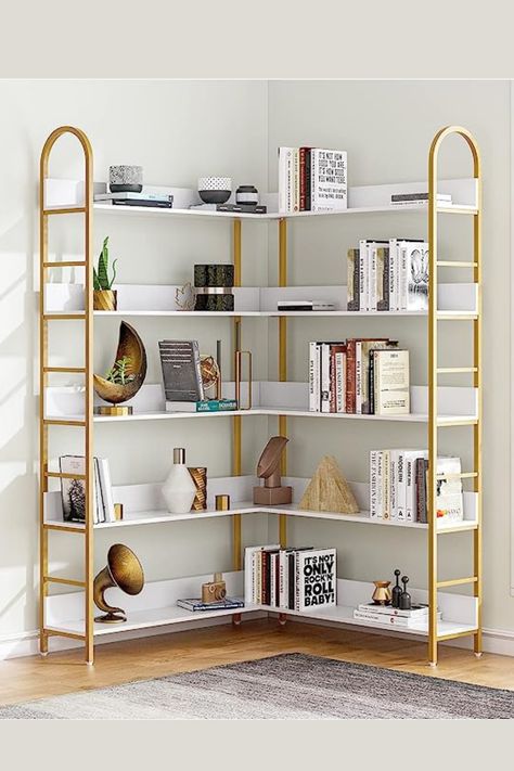 5-Shelf Corner Bookshelf, Modern Corner Shelf Stand Etagere Bookcase, Book Shelf with Gold Metal Frame Open Storage Corner Cabinet for Living Room, Bedroom, Home Office,White+Gold Gold Bookcase, Corner Shelf Stand, Shelves For Home Office, Bookshelf White, Corner Bookshelf, Light Colored Furniture, Shelf Book, Shelf Stand, Corner Bookshelves