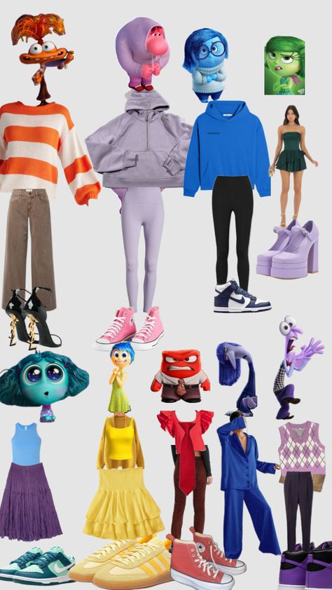 #ilmioprimoshuffle #myfirstshuffle Inside Out Themed Outfits, Dress Up Disney Characters, Costume Ideas For Cold Weather, Cartoon Dress Up, Inside Out Family Costume Halloween, Embarrassment Inside Out Outfit, Diy Inside Out Halloween Costumes, Disney Character Themed Outfits, Halloween Costumes Inside Out