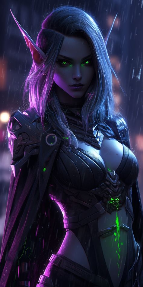 Cyberpunk Elf Female, Sci Fi Elves, Medieval Cyberpunk, Female Elf Art, Dark Elf Woman, Cyberpunk Elf, Dark Elf Female, Space Elf, Fantasy Cyberpunk