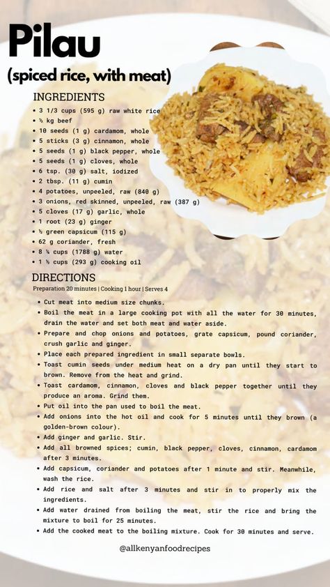 pilau recipe Swahili Pilau Recipe, Beef Pilau Rice Recipe Kenya, Chicken Pilau Recipe, Kenyan Pilau Rice Recipe, Kenyan Food Traditional, Kenyan Recipes Dishes, Pilau Recipe Kenyan, Pilau Spices, Pilau Rice Recipe Tanzania