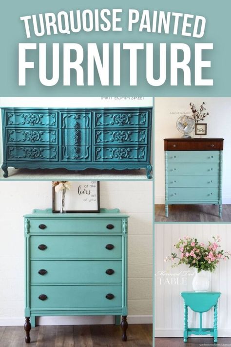 Turquoise Painted Furniture Turquoise Chalk Paint Furniture, Aqua Painted Furniture, Painted Hutch Ideas, Distressed Bedroom Furniture, Painted French Provincial Dresser, Teal Painted Furniture, Turquoise Painted Furniture, Turquoise Dresser, Yellow Painted Furniture