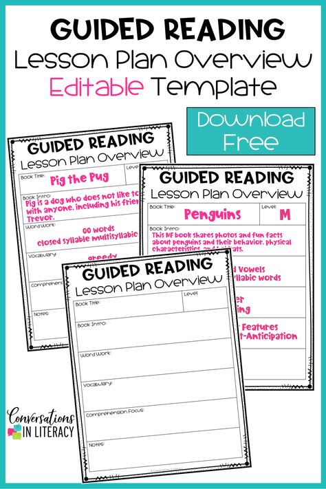 Free, editable Guided Reading Lesson Plan Overview Template to help teachers make lesson planning easier and more organzied! #guidedreading #classroomorganization #classroom #conversationinliteracy #literacy #lessonplans #readinginterventions #elementary #kindergarten #firstgrade #secondgrade #thirdgrade Kindergarten Guided Reading Lesson Plans, Guided Reading Template, Guided Reading Lesson Plan Template, Kindergarten Reading Lessons, Kindergarten Lesson Plans Template, Reading Template, Guided Reading Lesson Plans, Lesson Plan Template Free, Guided Reading Kindergarten