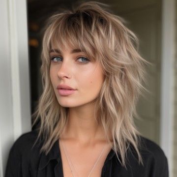 Modern Shag Haircuts Medium Fine Hair, Medium Length Layered Bob With Bangs, Medium Hair With Bangs And Layers Round Faces, Short Top Layers Medium Hair, Layered Shaggy Long Hair, Nye Hairstyles Medium Hair, Medium Length Shag Haircuts 70s, Edgy Mid Length Hair, Medium Edgy Hairstyles