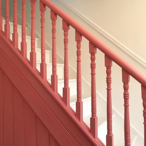 Staircase Colors Ideas, Terracotta Staircase, Green Painted Stairs, Stair Color Ideas Stairways, Coloured Staircase, Colourful Stairs, Staircase Paint, Landing Ideas Upstairs, Pink Staircase