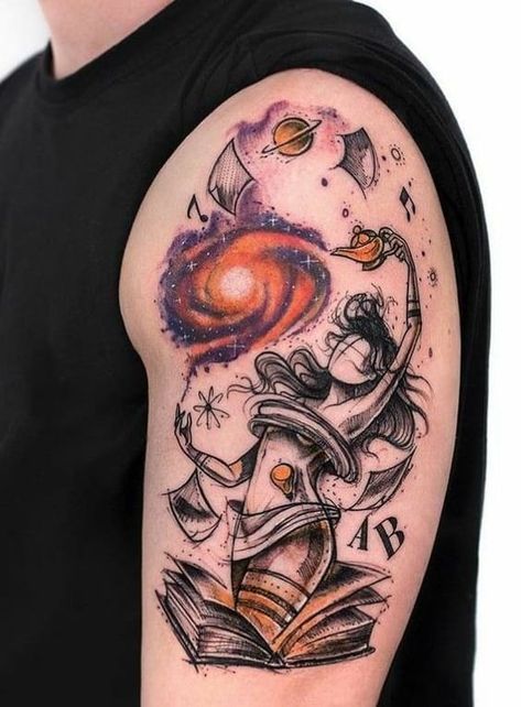 Tattoos Galaxy, Half Tattoo, Half Sleeve Tattoo Ideas, Book Lover Tattoo, Galaxy Drawings, Cool Shoulder Tattoos, Cool Half Sleeve Tattoos, Catrina Tattoo, Bookish Tattoos